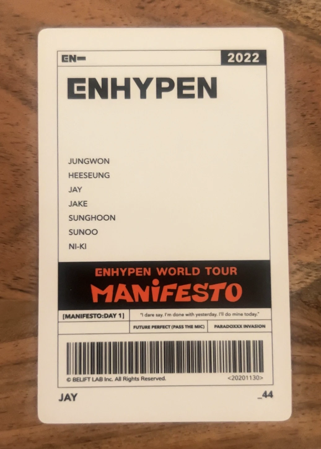 ENHYPEN Jay ENHYPEN - Jay - World Tour 'Manifesto' Event trading card merch photocard tour merch listing photo 2