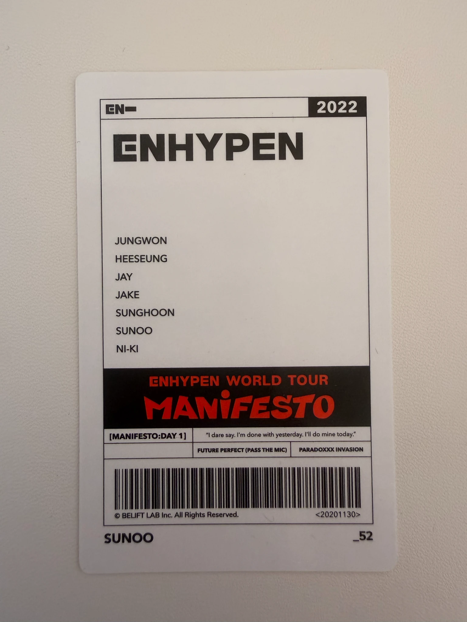ENHYPEN Sunoo ENHYPEN - Sunoo - World Tour 'Manifesto' Event trading card merch photocard tour merch listing photo 2