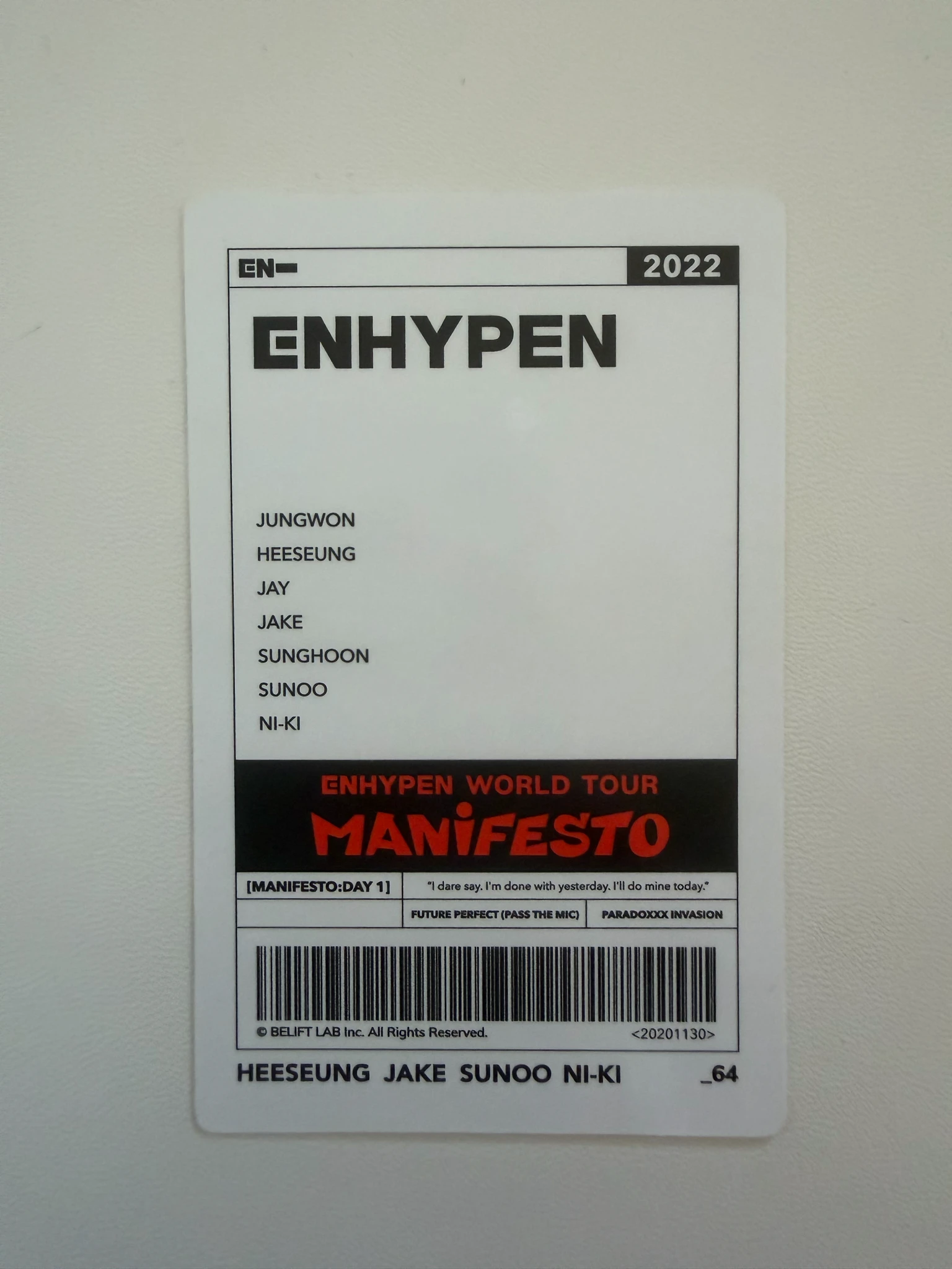 ENHYPEN ENHYPEN - Jake & Sunoo & Ni-ki - World Tour 'Manifesto' Event merch photocard tour merch trading card listing photo 2