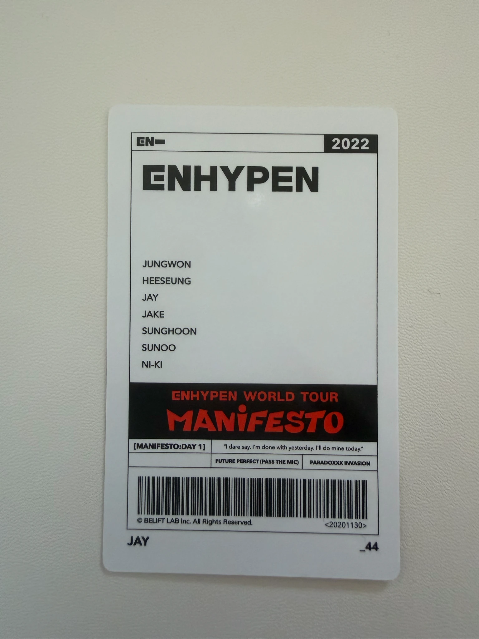 ENHYPEN Jay ENHYPEN - Jay - World Tour 'Manifesto' Event trading card merch photocard tour merch listing photo 2