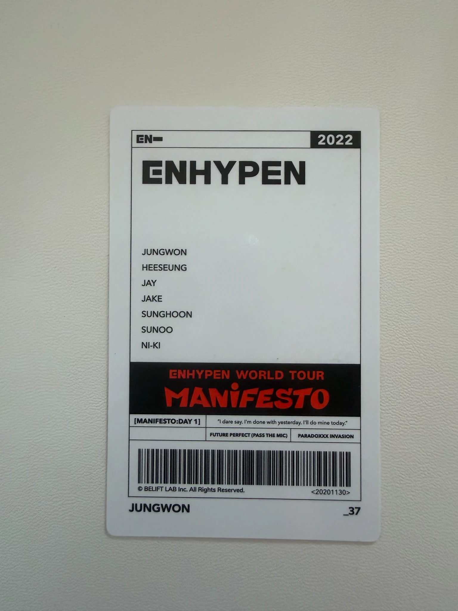 ENHYPEN Jungwon ENHYPEN - Jungwon - World Tour 'Manifesto' Event trading card merch photocard tour merch listing photo 2