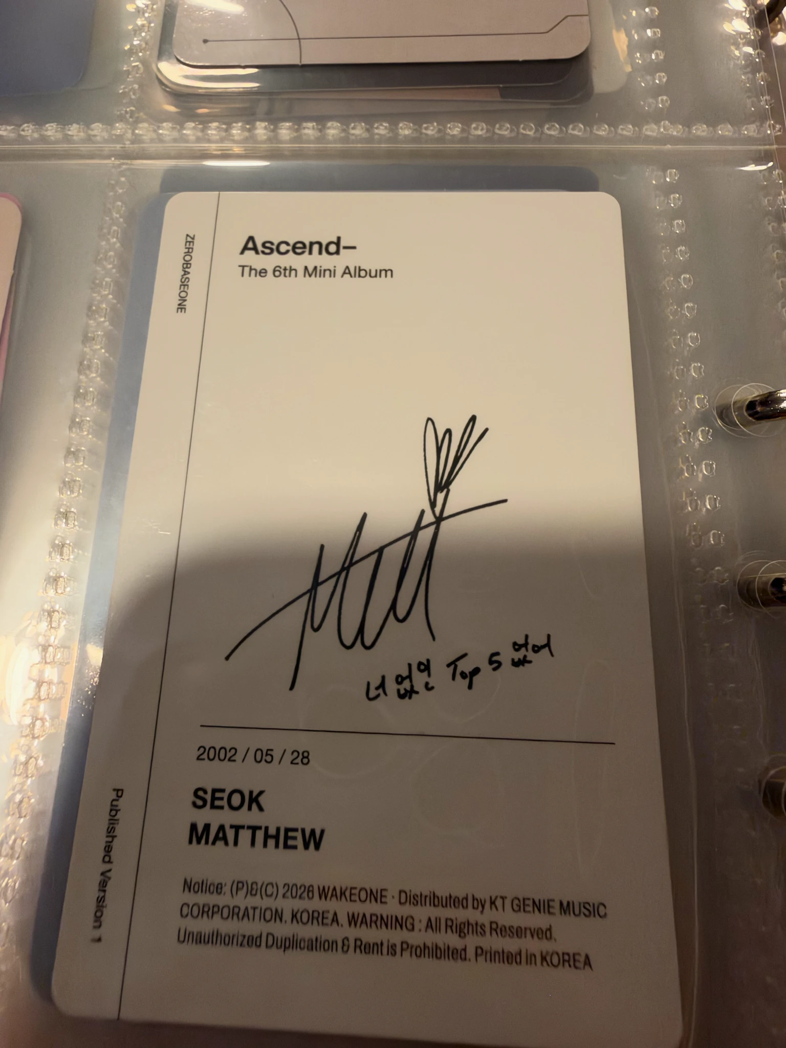 ZEROBASEONE Matthew ZEROBASEONE - Matthew - Ascend- Album album photocard listing photo 2