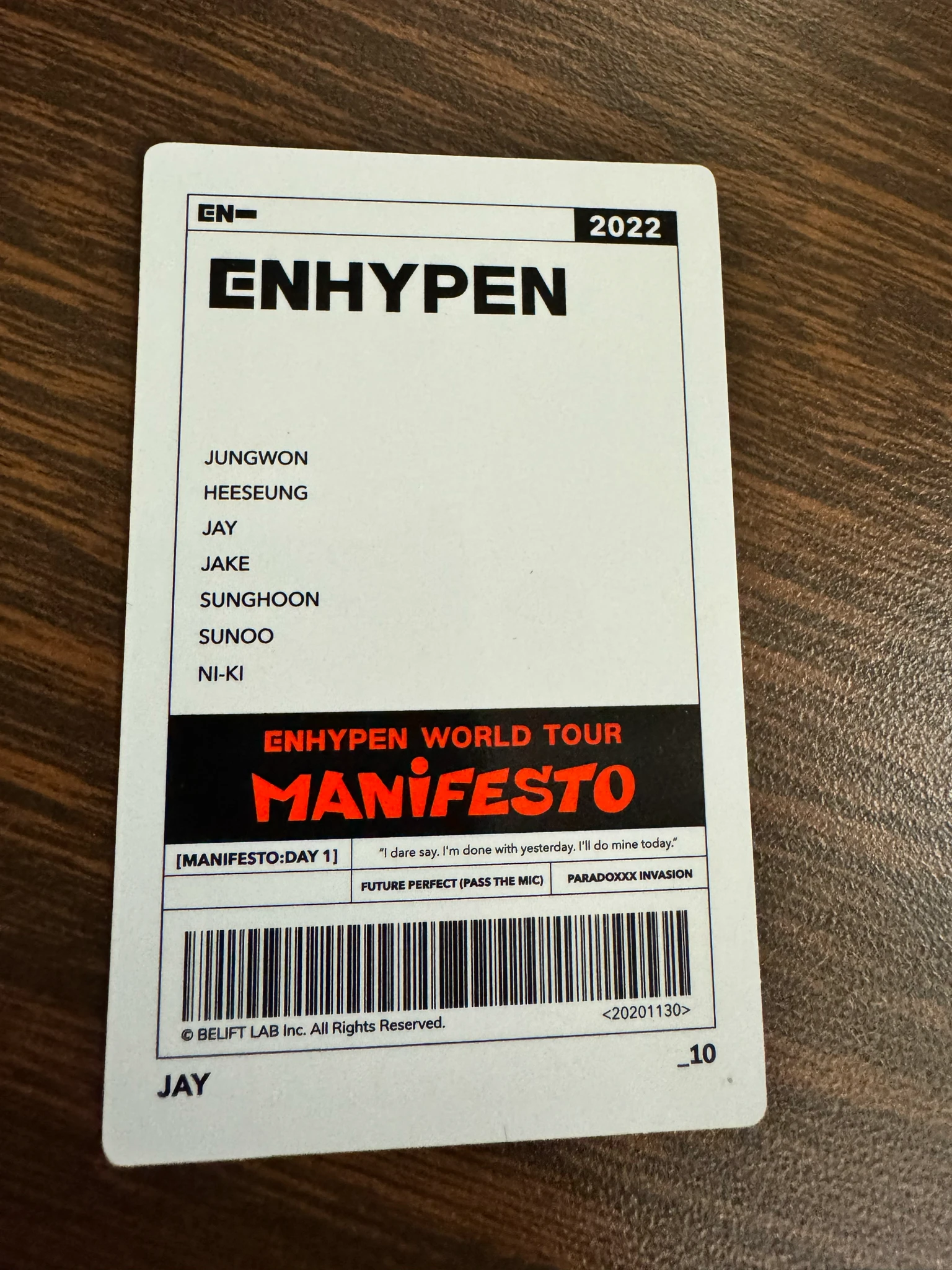 ENHYPEN Jay ENHYPEN - Jay - World Tour 'Manifesto' Event trading card merch photocard tour merch listing photo 2