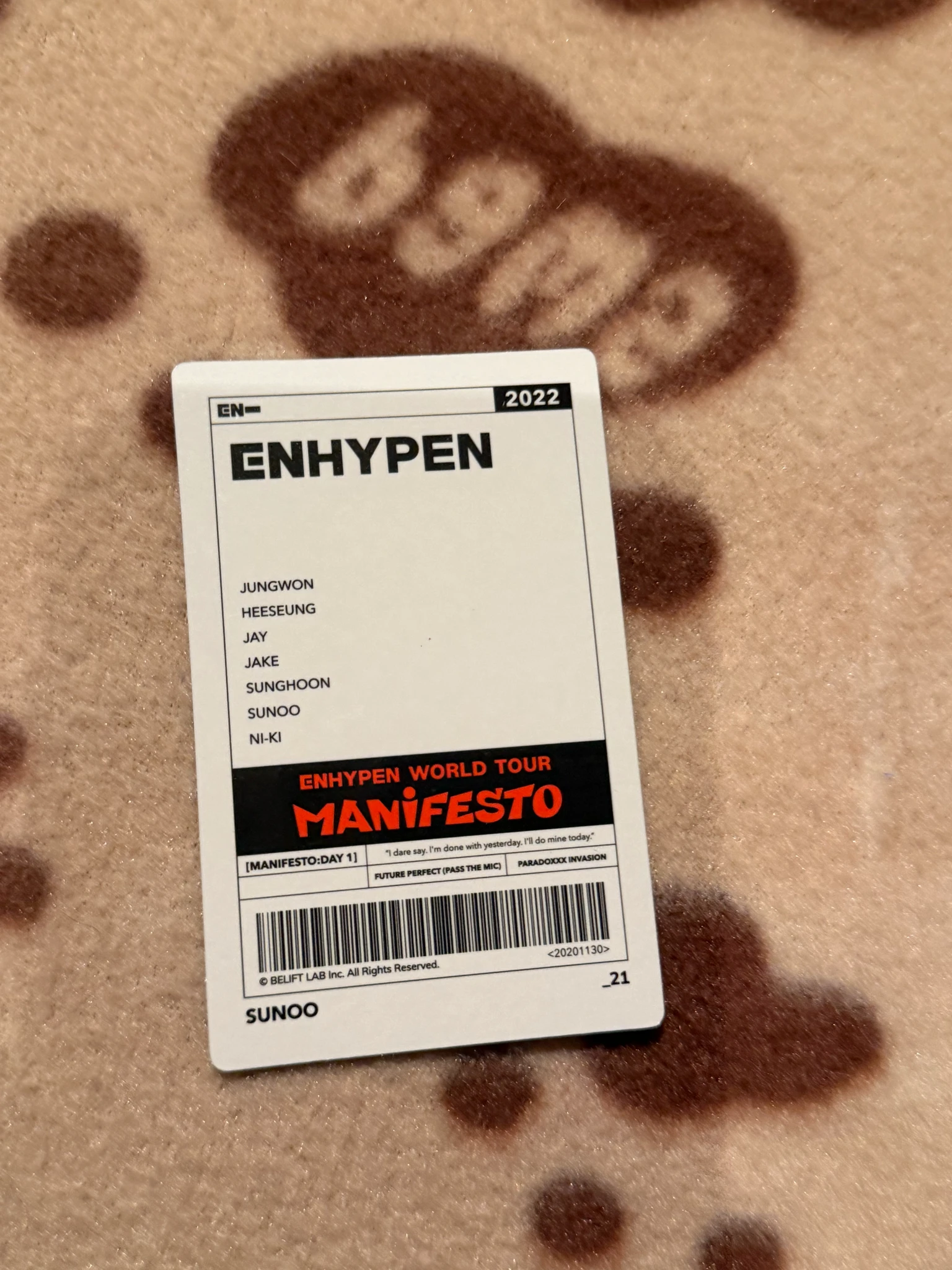 ENHYPEN Sunoo ENHYPEN - Sunoo - World Tour 'Manifesto' Event trading card merch photocard tour merch listing photo 2