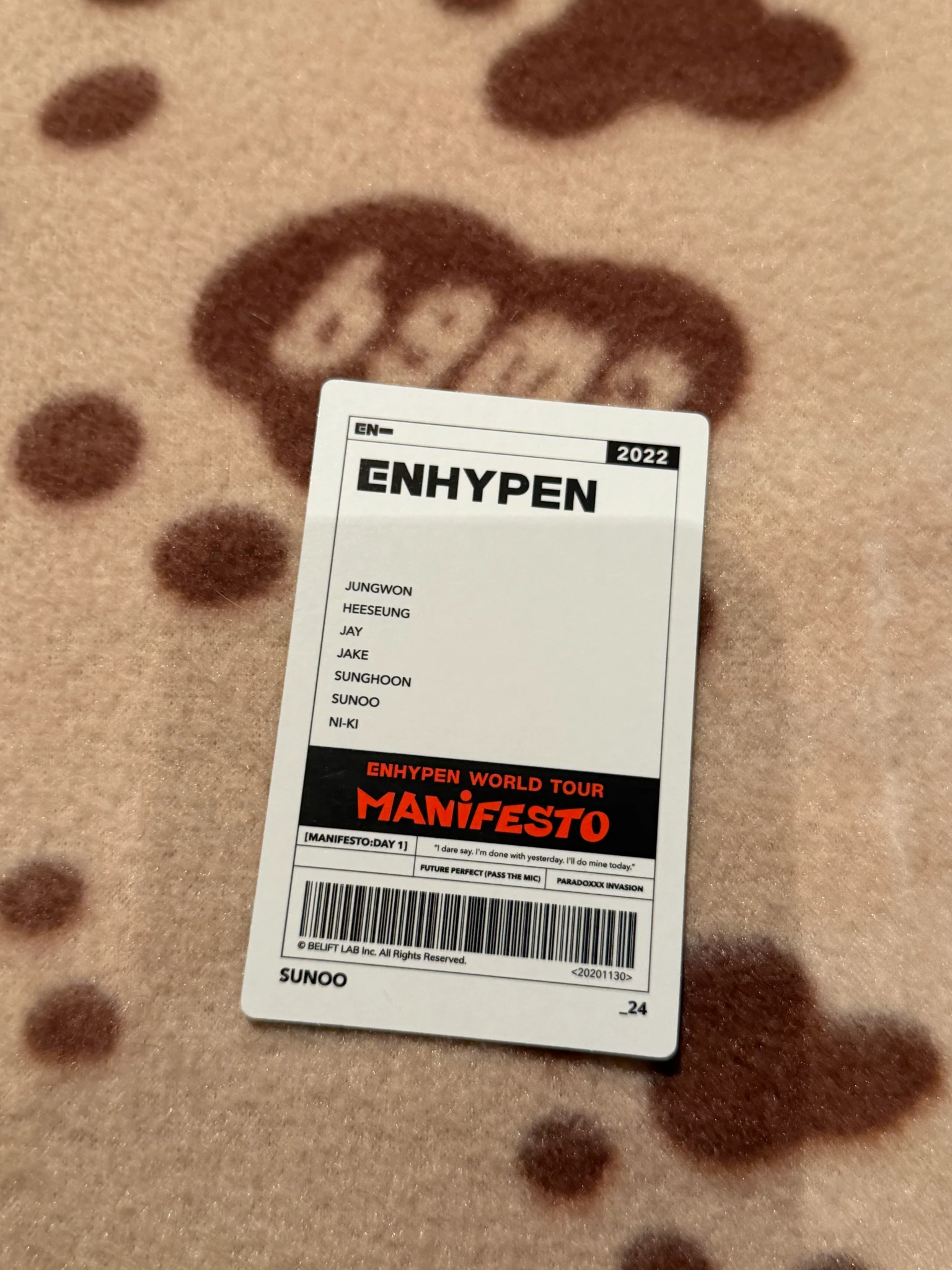 ENHYPEN Sunoo ENHYPEN - Sunoo - World Tour 'Manifesto' Event trading card merch photocard tour merch listing photo 2