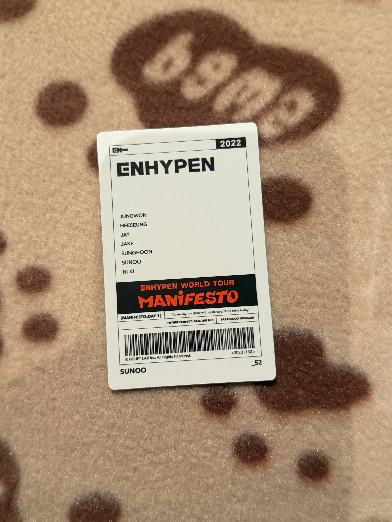 ENHYPEN Sunoo ENHYPEN - Sunoo - World Tour 'Manifesto' Event trading card merch photocard tour merch listing photo 2