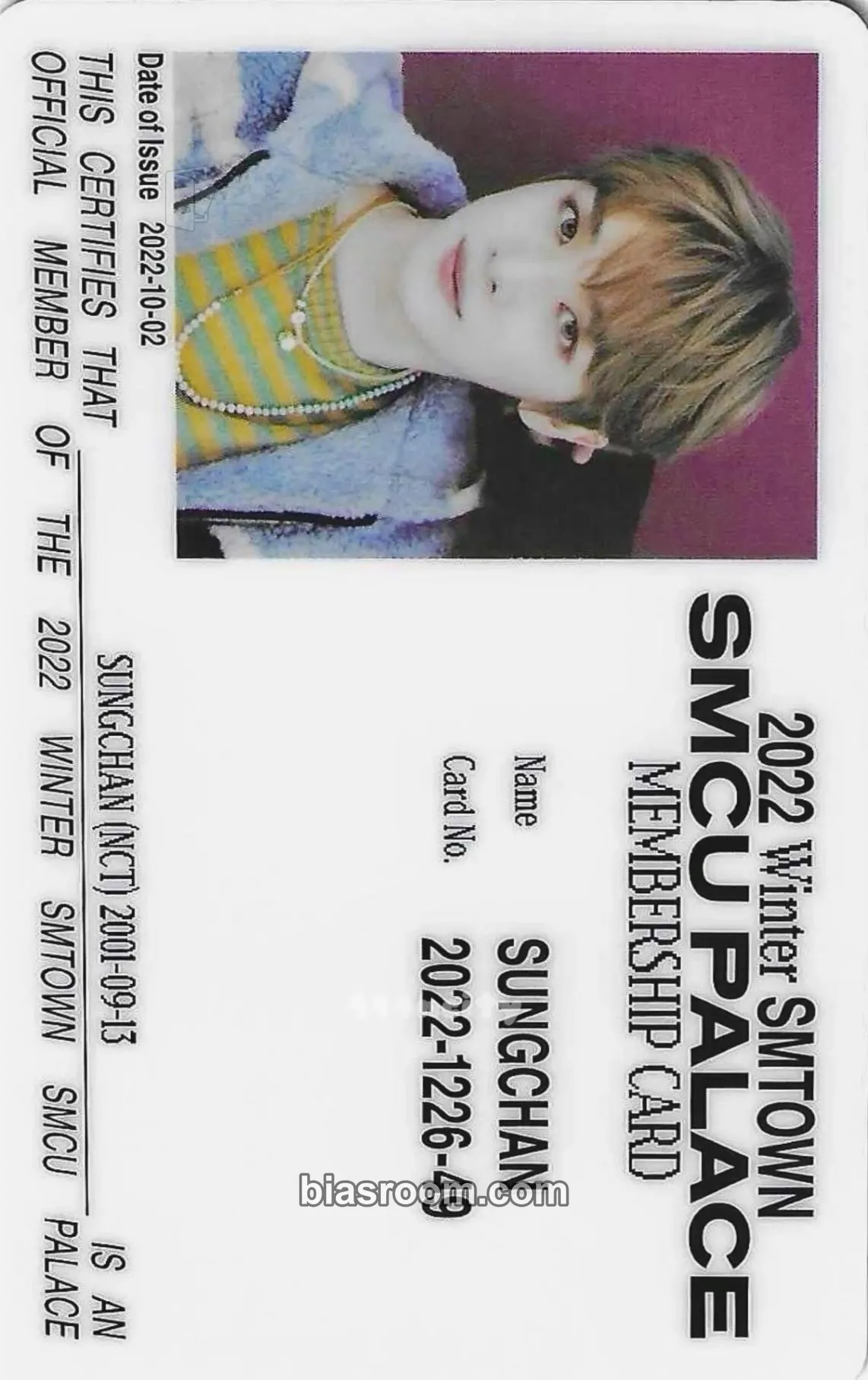 Sungchan 2022 Winter SMTOWN: SMCU PALACE Photocard - NCT - NCT K-pop photocard