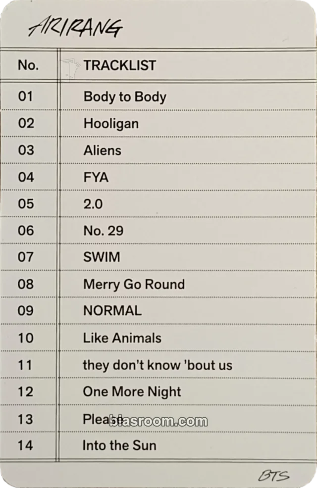 BTS - ARIRANG Album weverse album version album inclusion tracklist card
